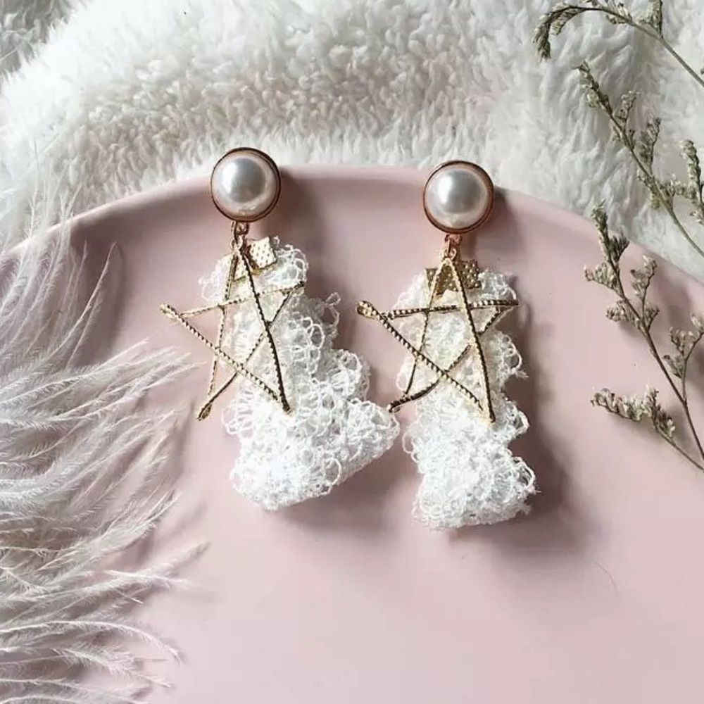 Double Laces Hollow Star Pearl Stud Drop Earrings
